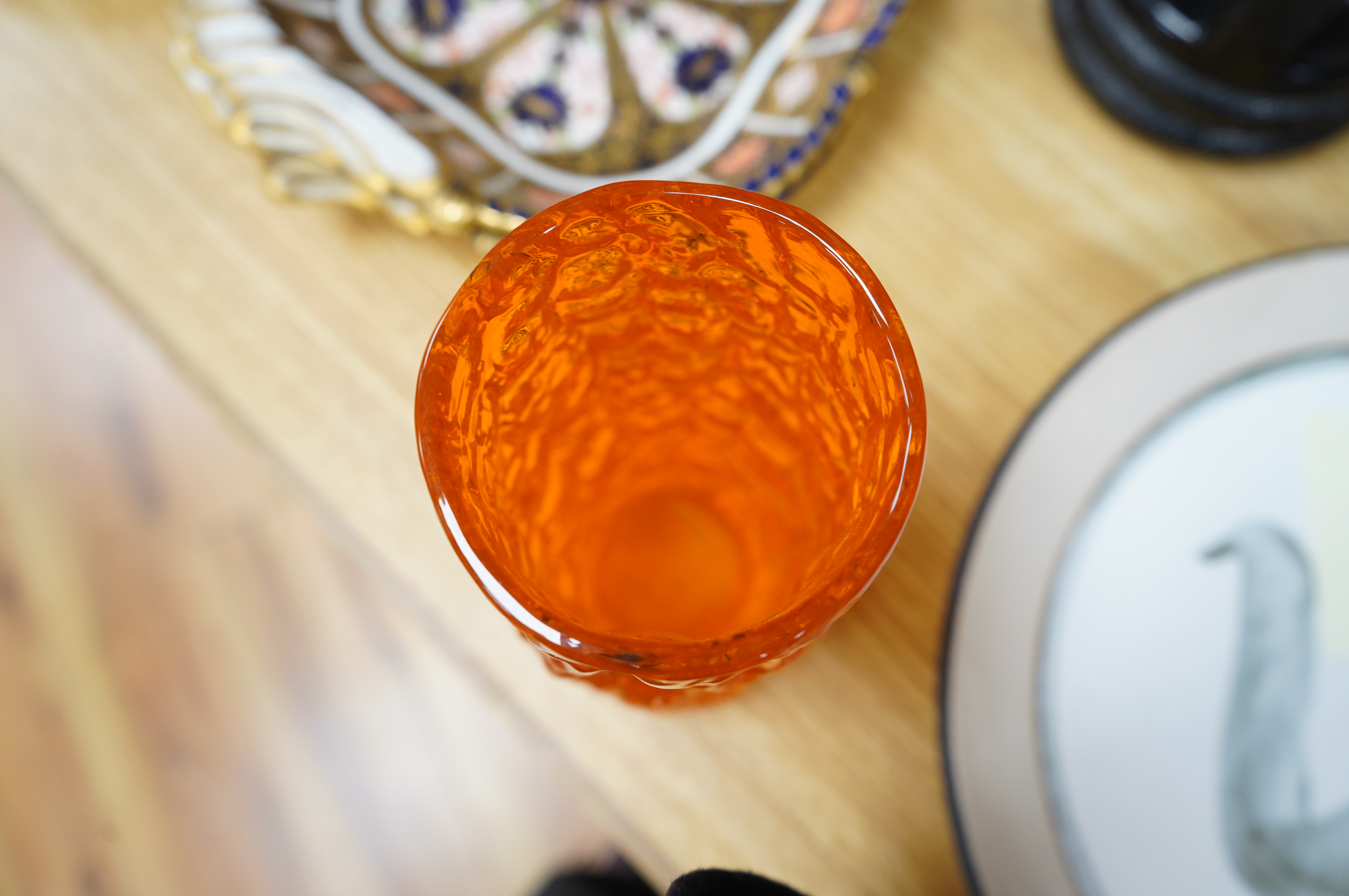 Two Whitefriars glass ‘bark' vases, tangerine and kingfisher blue, tallest 19.5cm. Condition - good